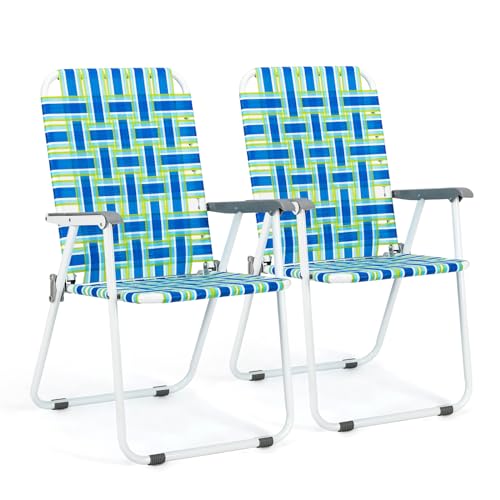 VINGLI Patio Lawn Webbed Folding Chairs Set of 2, Outdoor Beach Portable Lawn Chair Camping Chair Beach Chair for Yard, Garden (Blue, Classic)…