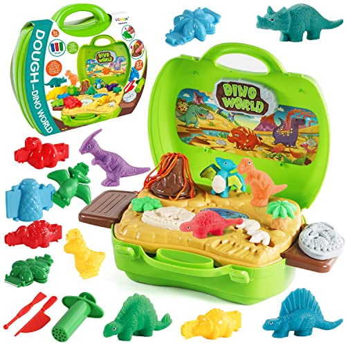 VConejo Dinosaur Color Dough Sets Toys, 37 Pieces Dino Theme Color Dough Tools Accessories with Volcano and Fossils for Boys and Girls