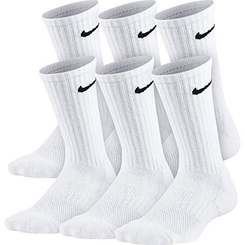 Nike Kids' Performance Cushioned Crew Training Socks (6 Pair), Girls & Boys' Socks with Cushioned Comfort & Dri-FIT Technology, White/Black, M