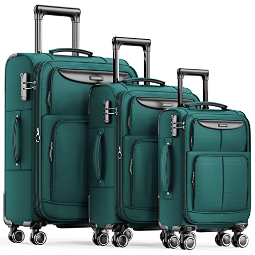 SHOWKOO Luggage Sets 3 Piece Softside Expandable Lightweight Durable Suitcase Sets Double Spinner Wheels TSA Lock Dark Green (20in/24in/28in)