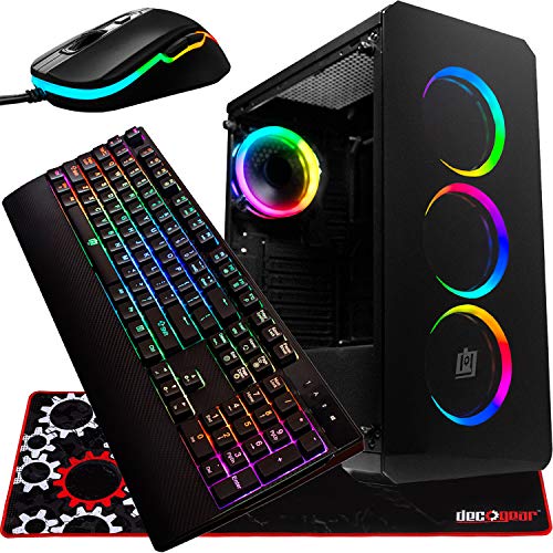 Deco Gear Mid-Tower PC Gaming Computer Case Starter Kit, 3-Sided Tempered Glass and LED Lighting, Mini-ITX, Micro-ATX, ATX, with Wired RGB Gaming Mouse, RGB Mechanical Gaming Keyboard, and Mouse Pad
