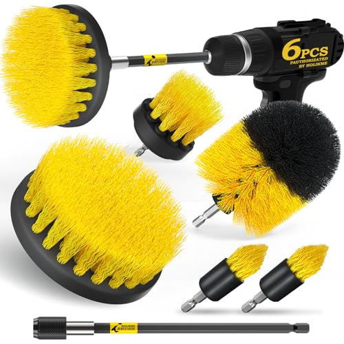 Holikme 6Pack Drill Brush Power Scrubber Cleaning Brush Extended Long Attachment Set All Purpose Scrub Brushes Kit for Grout, Floor, Tub, Shower, Tile, Bathroom and Kitchen Surface，Yellow
