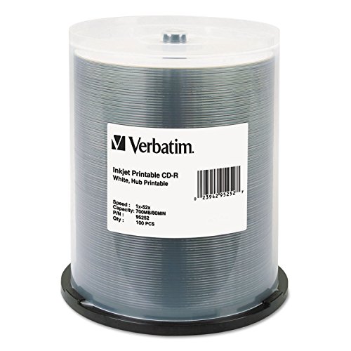 Verbatim CD-R 700MB 52X White Inkjet Hub Printable Recordable Media Disc - 100pk Spindle