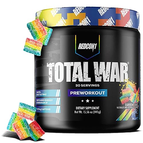 REDCON1 Total War Preworkout - Contains 320mg of Caffeine from Green Tea, Juniper & Beta Alanine - Pre Work Out with Amino Acids to Increase Pump, Energy + Endurance (Rainbow Candy, 30 Servings)