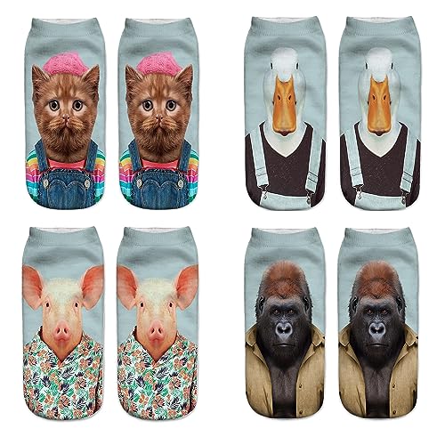 Benefeet Sox Funny Animal Socks for Girls Cute Cat Socks for Women 3D Print Pattern Pig Socks Crazy Novelty Ankle Socks Silly Low Cut Socks Christmas Gifts for Animal Lover 4 Pack