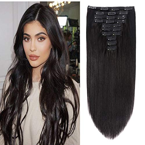 22' Clip in Human Hair Extensions Full Head 200g 10 Pieces 22 Clips Natural Black Double Weft Brazilian Real Remy Hair Extensions Thick Straight Silky (22',200g 1B#)