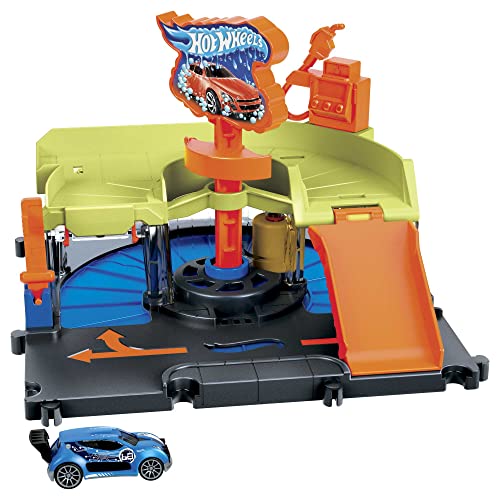 Hot Wheels City Toy Car Track Set Downtown Express Car Wash Playset with 1:64 Scale Car, Foam Roller & Drying Flaps Multicolor