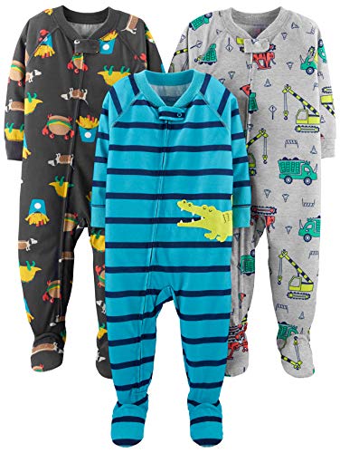 Simple Joys by Carter's Baby Boys 3-Pack Loose Fit Flame Resistant Polyester Jersey Footed Pajamas, Blue Alligator/Dark Grey Fun Food/Grey Trucks, 18 Months