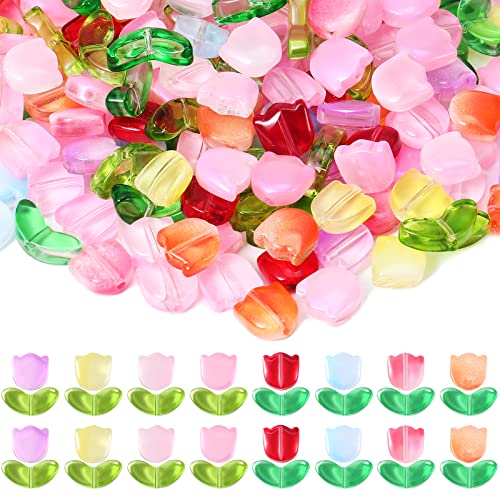 Huquary 320 Pcs Colorful Translucent Tulip Flower Beads Handcrafted Tulip Glass Spacer Bead Crystal Loose Glass Flower Beads for Jewelry Making Earring Bracelet DIY Craft Spring Summer Gifts