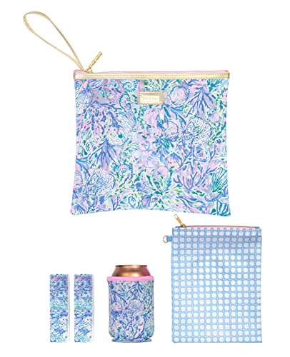 Lilly Pulitzer Water Resistant Vinyl Beach Day Pouch, Zipper Bag Includes Drink Hugger, Small Pouch, and Towel Clips, Soleil It On Me