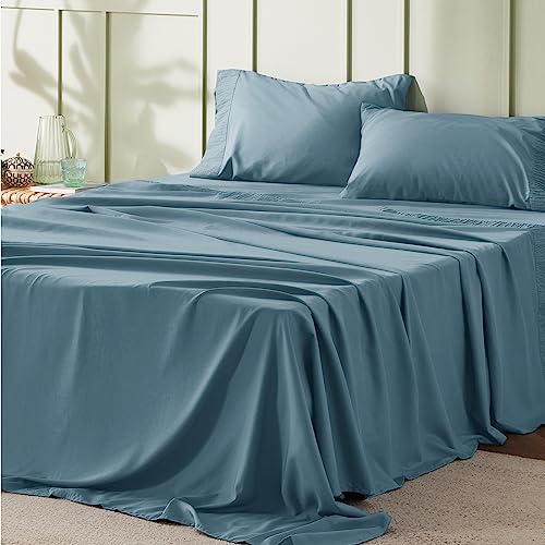 Bedsure California King Sheet Sets - Soft Sheets for California King Size Bed, 4 Pieces Hotel Luxury Mineral Blue Sheets Cal King, Easy Care Polyester Microfiber Cooling Bed Sheet Set
