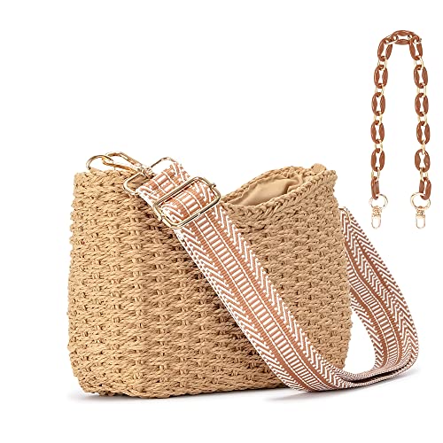 Herald Small Handmade Straw Crossbody Bag for Women, Summer Chic Woven Handbag Shoulder Purse with Chain & Guitar Strap (Coffee)