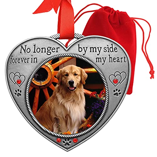 Pet Memory Heart Shaped Photo Ornament - No Longer by My Side Forever in My Heart - Engraved Keepsake for Pet Loss - Gift/Storage Bag Included