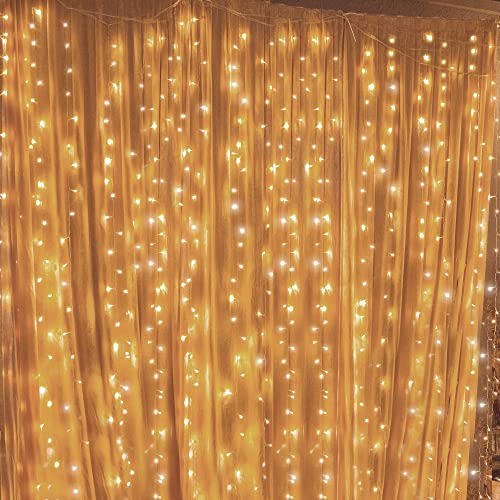 Twinkle Star 300 LED Curtain String Lights, 8 Modes Fairy Hanging Lights for Bedroom, Wedding, Party, Home Garden, Outdoor & Indoor Wall Decorations Twinkle Lights, Warm White