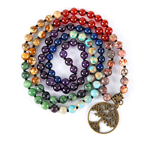 Bivei 7 Chakra 108 Mala Beads Bracelet Real Healing Gemstone Yoga Meditation Hand Knotted Mala Prayer Bead Necklace(Tree of Life-6mm beads)