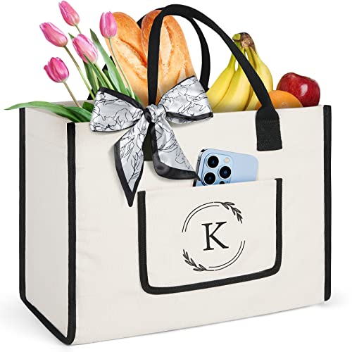 KTMOUW Initial Canvas Tote Bag Monogram Tote Bag for Women Large Beach Bag Personalized Gifts Bag for Birthday Bridal Shower Holiday Reusable Grocery Bags with External Pocket Letter K