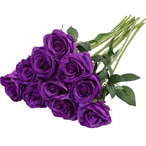 Nubry Artificial Silk Rose Flower Bouquet Lifelike Fake Rose for Wedding Home Party Decoration Event Gift 10pcs (Purple)