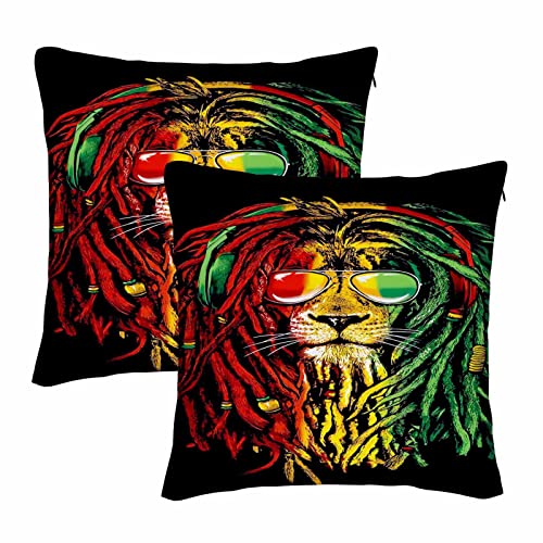 WONDERTIFY Reggae Rasta Lion Throw Pillow Covers Lion King Square Pillow Cases Set of 2 for Decorative Cushion Bed Couch Sofa Yellow Green Red 16'X16'