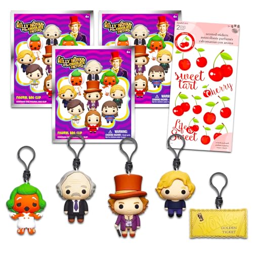 Warner Bros Pictures Willy Wonka Blind Bag Party Favor 3 Pack - Bundle with 3 Willy Wonka Keychain Mystery Figures Plus Stickers | Willy Wonka Bag Clips for Kids, Adults