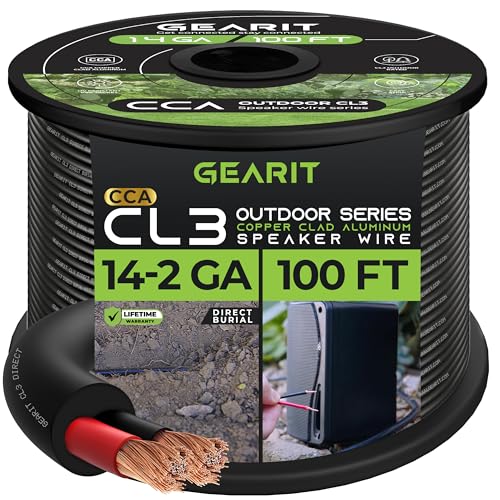 GearIT 14/2 Speaker Wire (100 Feet) 14 Gauge (Copper Clad Aluminum) - Outdoor Direct Burial in Ground/in Wall / CL3 CL2 Rated / 2 Conductors - CCA, Black 100ft