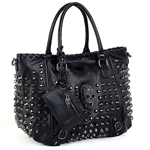 UTO Women Skull Tote Bag Rivet Studded Handbag PU Leather Purse Shoulder Bags 2 Pcs Wallet Strap A Black 382