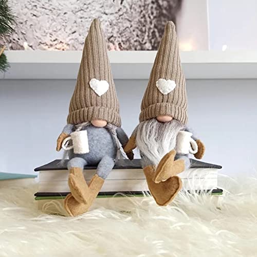 JstDoit 2 Pcs Gnomes Plush Bar Decor, Handmade Swedish Tomte Gifts Farmhouse Scandinavian Figurine Gnome for Home Kitchen Coffee Station Table Shelf (Brown)