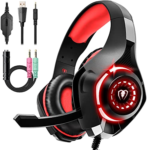 Tatybo Gaming Headset for PS4 PS5 Xbox One Switch PC with Noise Canceling Mic, Deep Bass Stereo Sound (Black Red)-1