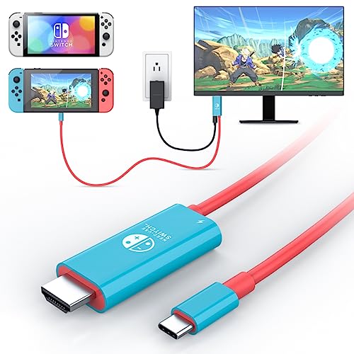 MANMUVIMO Portable HDMI Cable for Nintendo Switch/OLED, USB C to HDMI Adapter Cable for Nintendo Switch Dock, 2M/6.6FT, 100W PD Charging Port for Laptop, Tablet, Phone(Red Blue)