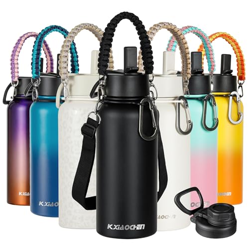 KXIAOCHEN 32 oz Insulated Water Bottle with Paracord Handles & Strap, 2 Lids(Straw Lid&Spout Lid), Stainless Steel Reusable Wide Mouth Metal Water Bottle With Straw, Double Walled(Black)