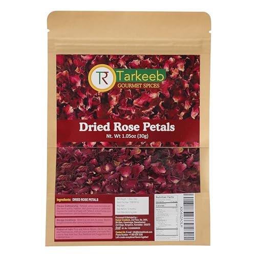 Tarkeeb Dried Rose Petals ~ All Natural | Edible Rose Petals | Dried Flower Petals for Herbal Tea, Decoration, Rose Sprinkles, Topping on Cupcakes, Desserts - Net Weight: 1.05oz/30g | Indian Origin |