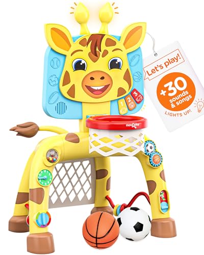 Move2play, Giraffe Basketball Hoop & Soccer Goal Activity Center | 30+ Sounds & Songs + 5 Lights | 1 2 3 Year Old Birthday Gift for Boys and Girls | Toy for Baby & Toddlers
