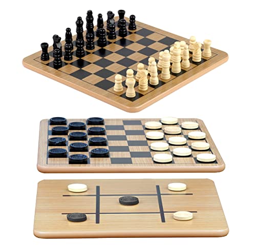 Regal Games-Reversible Wooden Board for Chess, Tic-Tac-Toe&Checkers for Kids and Adults-32 Pcs Wooden Chess and 24 Pcs Checkers Set-Ideal for Fun Game Night-Portable and Classic Table Game (Ages 8+)