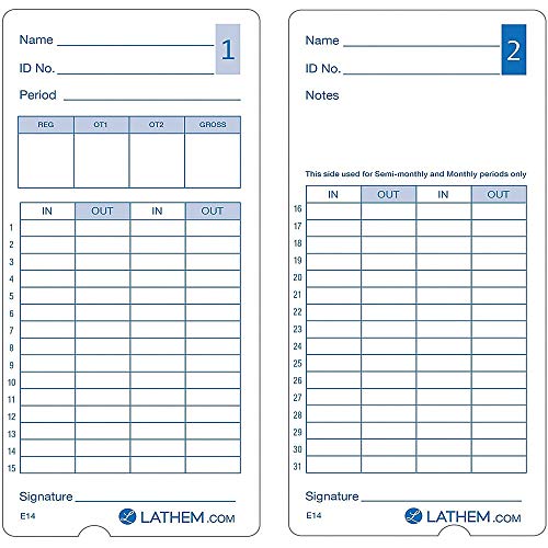 Lathem E14-100 Pack of 100 Time Cards, 2-Sided, for use with Lathem Model 400E Time Clock, 7' High
