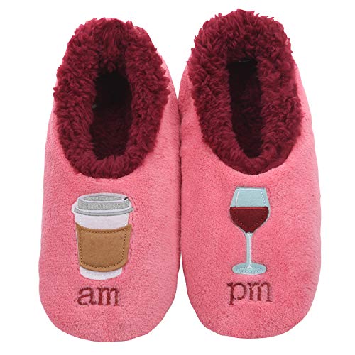 Snoozies Pairable Slipper Socks - Funny House Slippers for Women, Non-Slip Fuzzy Slipper Socks - AM/PM - Pink - Medium