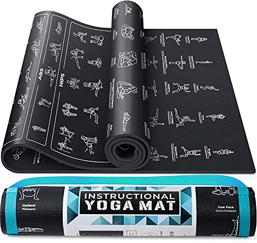 Instructional Yoga Mat with Poses Printed On It & Carrying Strap - 75 Illustrated Yoga Poses & 75 Stretches - Cute Yoga Mat For Women and Men - Non-Slip, 1/4' Extra-Thick Yoga Mat For Beginners