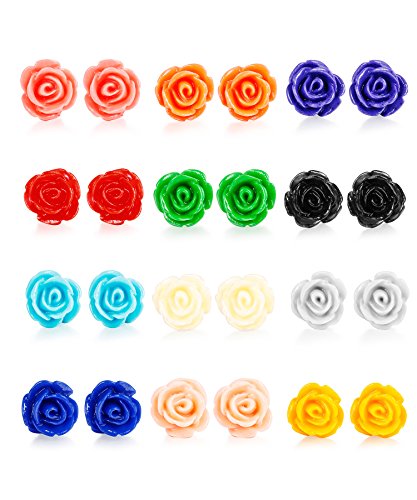 LOYALLOOK 12 Pairs Assorted Colors Resin Rose Flower Earring Studs Set Stainless Steel Post,Nickel-free 10MM