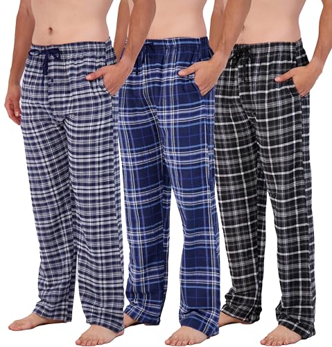 Real Essentials 3 Pack: Mens Pajama Pants Cotton Super Soft Pajamas Men Flannel Bottoms Fleece Buffalo Plaid Pj Gifts Lounge Pants Sleepwear Pijamas Hombres Essentials Woven Button Fly,Set 6-XL