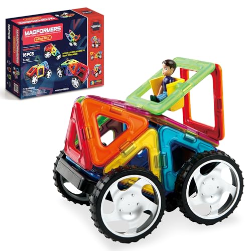 Magformers Vehicle Wow Set (16-pieces) Magnetic Building Blocks, Educational Magnetic Tiles Kit , Magnetic Construction STEM Toy Set includes wheels