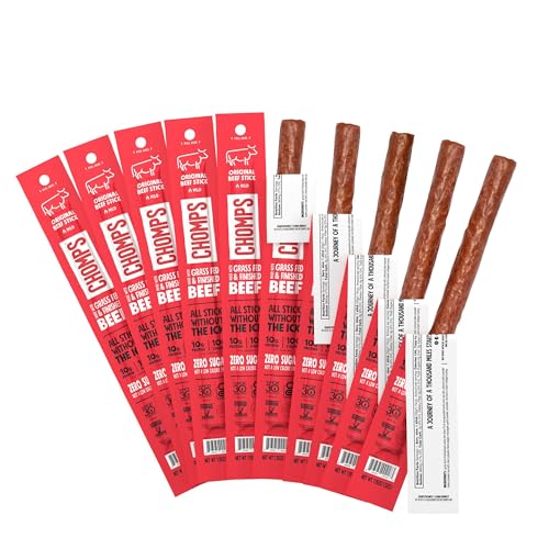 Chomps Grass-Fed and Finished Original Beef Jerky Snack Sticks 10-Pack - Keto, Paleo, Whole30, 10g Lean Meat Protein, Gluten-Free, Zero Sugar Food, Non-GMO