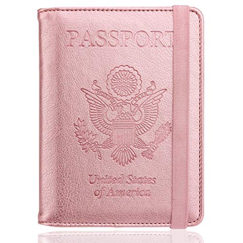 WALNEW RFID Passport Holder Cover Wallet for Women Men, PU Leather Card Holder Passport Case Travel Essentials for Family Vacation, Rosegold