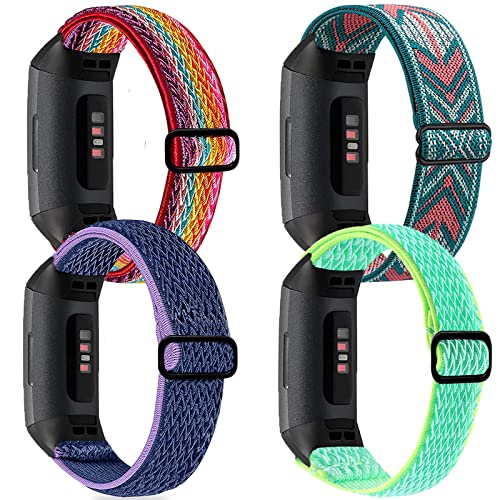 4 Pack Stretchy Band Compatible with Fitbit Charge 4 Bands/ Charge 3 Band/ Charge 3SE Smart Watch Wristbands for Women Men, Breathable Adjustable Loop Nylon Replacement Straps Elastic Charge 3 Wristbands for Women Men