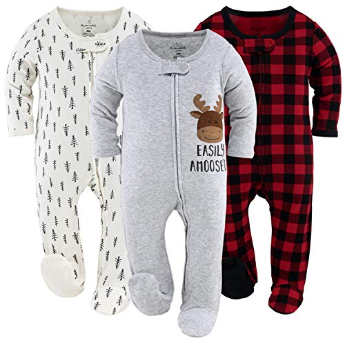 The Peanutshell Footed Baby Sleepers for Boys or Girls, Buffalo Plaid & Woodland, 3 Pack Set (Newborn)