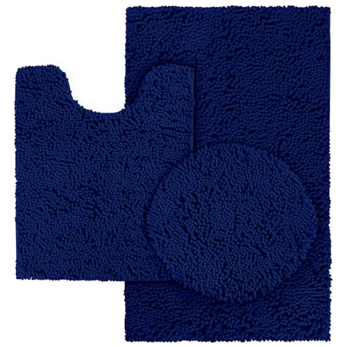 HOMEIDEAS Navy Blue Bathroom Rugs Sets 3 Piece, Chenille Bath Rugs Soft Absorbent Non Slip Washable Bath Mats with Toilet Lid Cover, Perfect for Bathroom