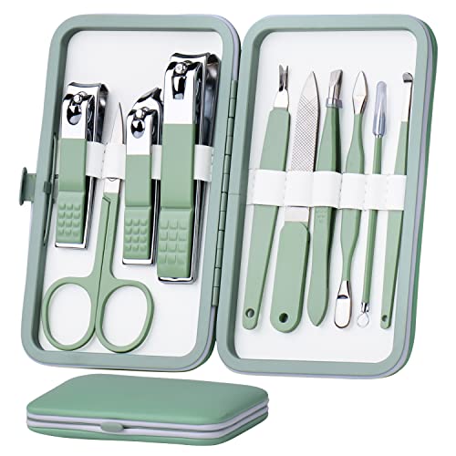 HANTEKAS Manicure Set 10 in 1 Stainless Steel, Nail Clippers Scissors Pedicure Tools Kit - Portable Travel Grooming Kit for Men and Women with Leather Case (Jade Green)
