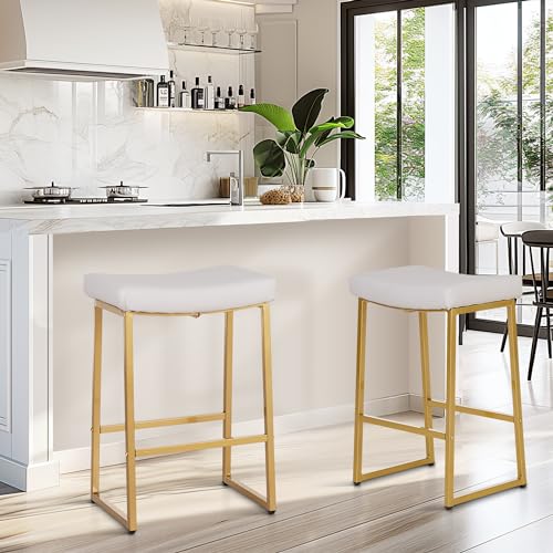 MAISON ARTS White & Gold Bar Stools Set of 2 for Kitchen Counter Backless Counter Height 24 Inches Saddle Stools Modern Gold Barstools Upholstered Faux Leather Stools Farmhouse Island Chairs