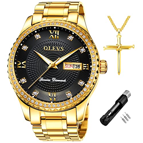 OLEVS Mens Watch Gold Watches for Men Waterproof Diamonds Stainless Steel Big Face Black Dial Classic Casual Dress Analog Quartz Wristwatch Gifts with Day Date Calendar Luminous Two Tone
