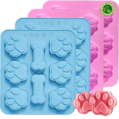 4 Pcs Silicone Puppy treat molds, Dog Paw and Bone Mold Ice Cube Mold, Jelly, Biscuits, Chocolate, Candy Baking Mold, Oven Microwave Freezer Dishwasher Safe-Pink & Blue (4)