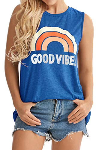 Womens Tank Tops Summer Good vibers Letter Printed Sleeveless Tshirts Casual Loose Tunic Blouses (Blue, L)