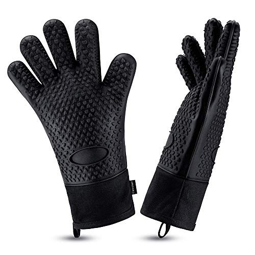 Comsmart BBQ Gloves, Heat Resistant Silicone Grilling Gloves, Long Waterproof BBQ Kitchen Oven Mitts with Inner Cotton Layer for Barbecue, Cooking, Baking, Smoker(Black)