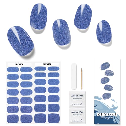 DUKASOU Semi Cured Gel Nail Strips, 28pcs Blue Glitter Gel Nail Strips Need UV Light, Gel Nail Stickers Full Nail Wraps for Women Girls Kids Diy, Includes Prep Pads, Nail File & Wood Stick